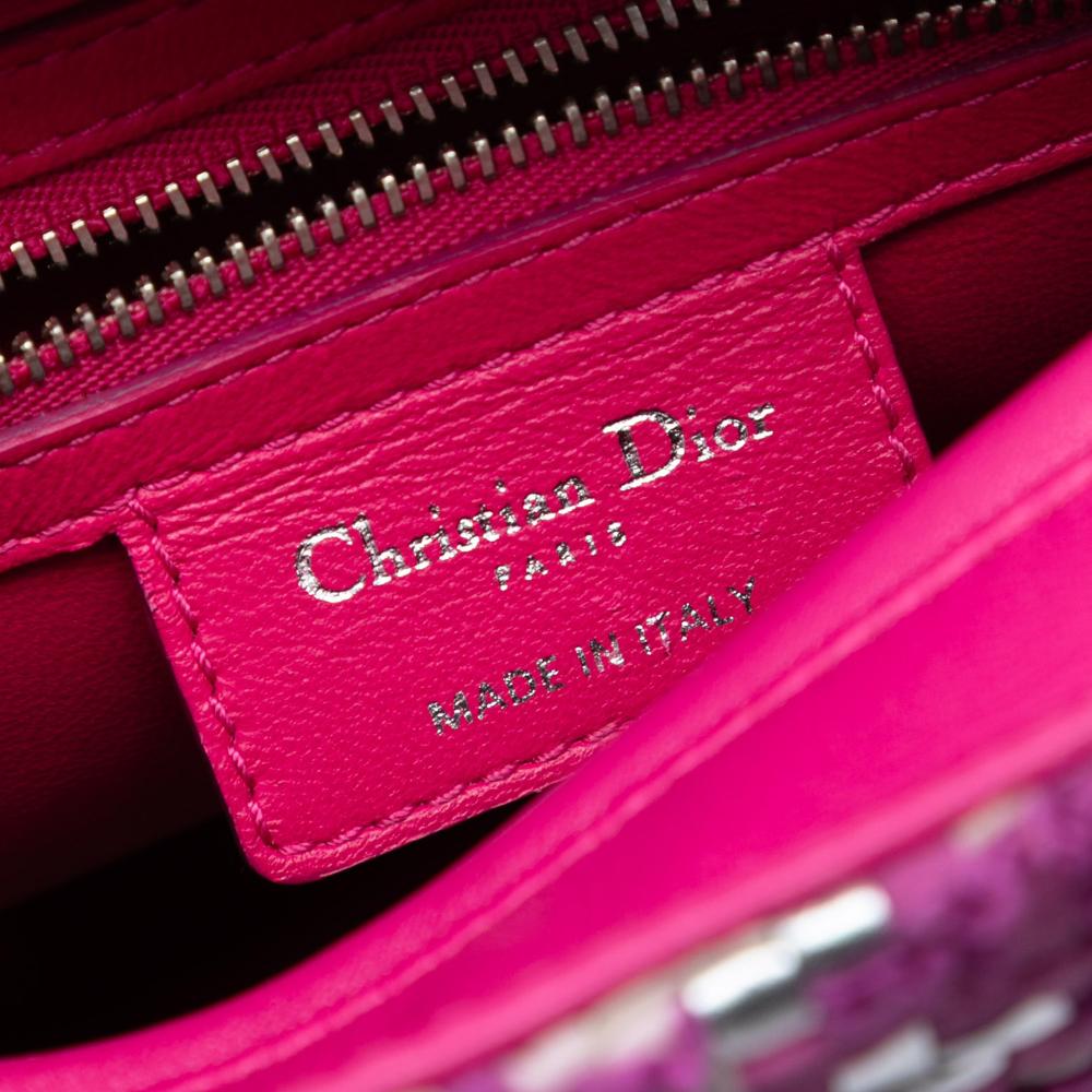 Christian Dior B Dior Pink Dark Pink with Silver Lambskin Leather Leather Medium Lambskin And Tweed Lady Dior Italy
