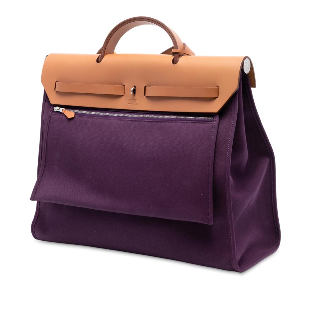 Hermès B Hermès Purple Plum with Brown Canvas Fabric Toile Verso Herbag Zip 39 France
