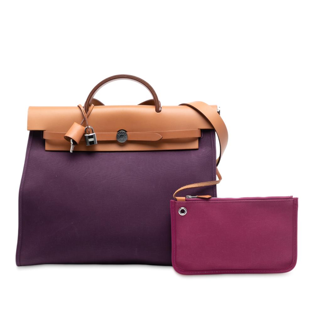 Hermès B Hermès Purple Plum with Brown Canvas Fabric Toile Verso Herbag Zip 39 France