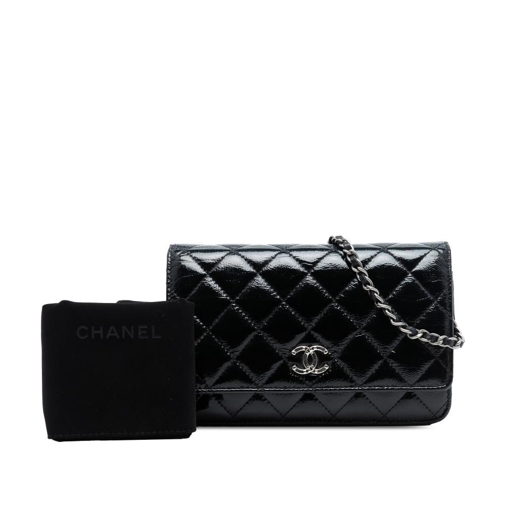 Chanel B Chanel Black Patent Leather Leather CC Quilted Patent Wallet On Chain Italy