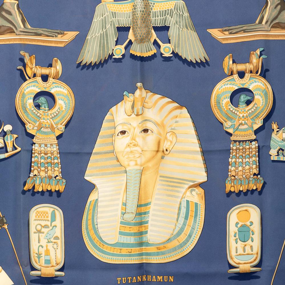 Hermès B Hermès Blue Silk Fabric Tutankhamun Scarf 90 France