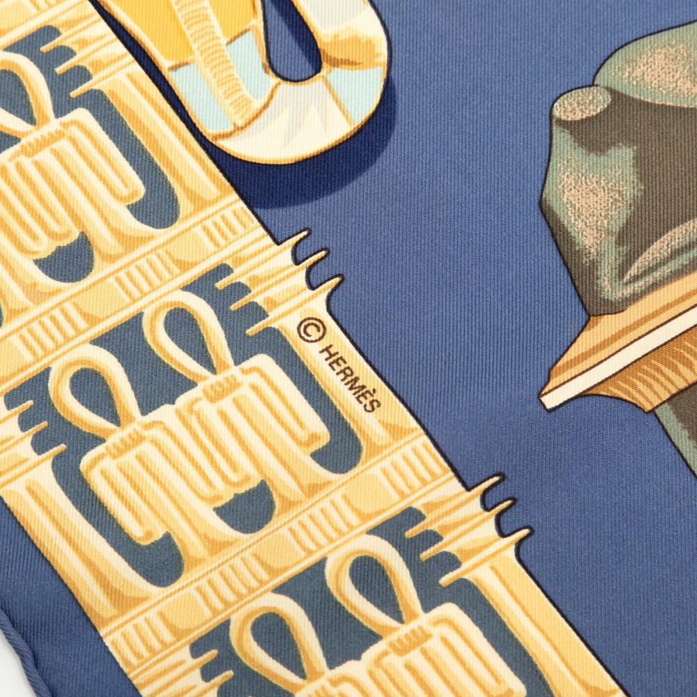 Hermès B Hermès Blue Silk Fabric Tutankhamun Scarf 90 France