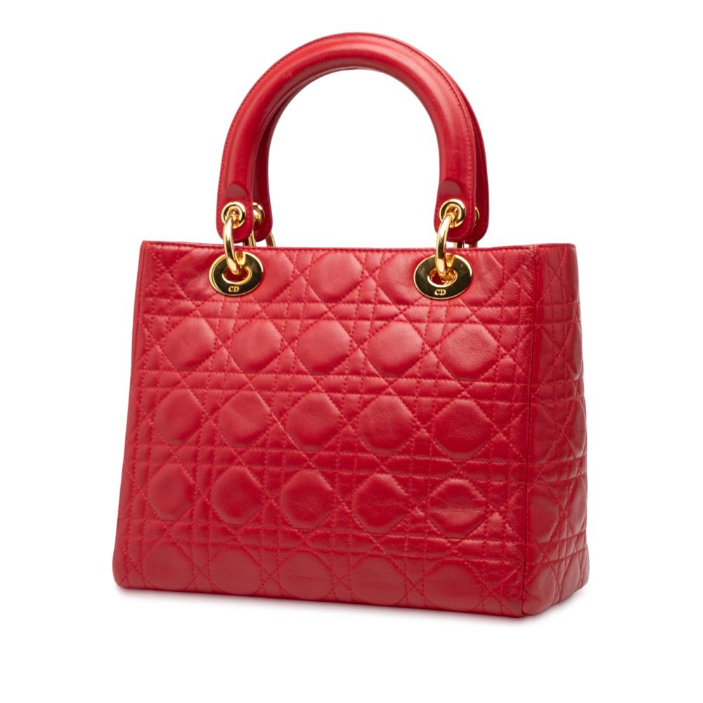 Christian Dior B Dior Red Lambskin Leather Leather Medium Lambskin Cannage Lady Dior Italy