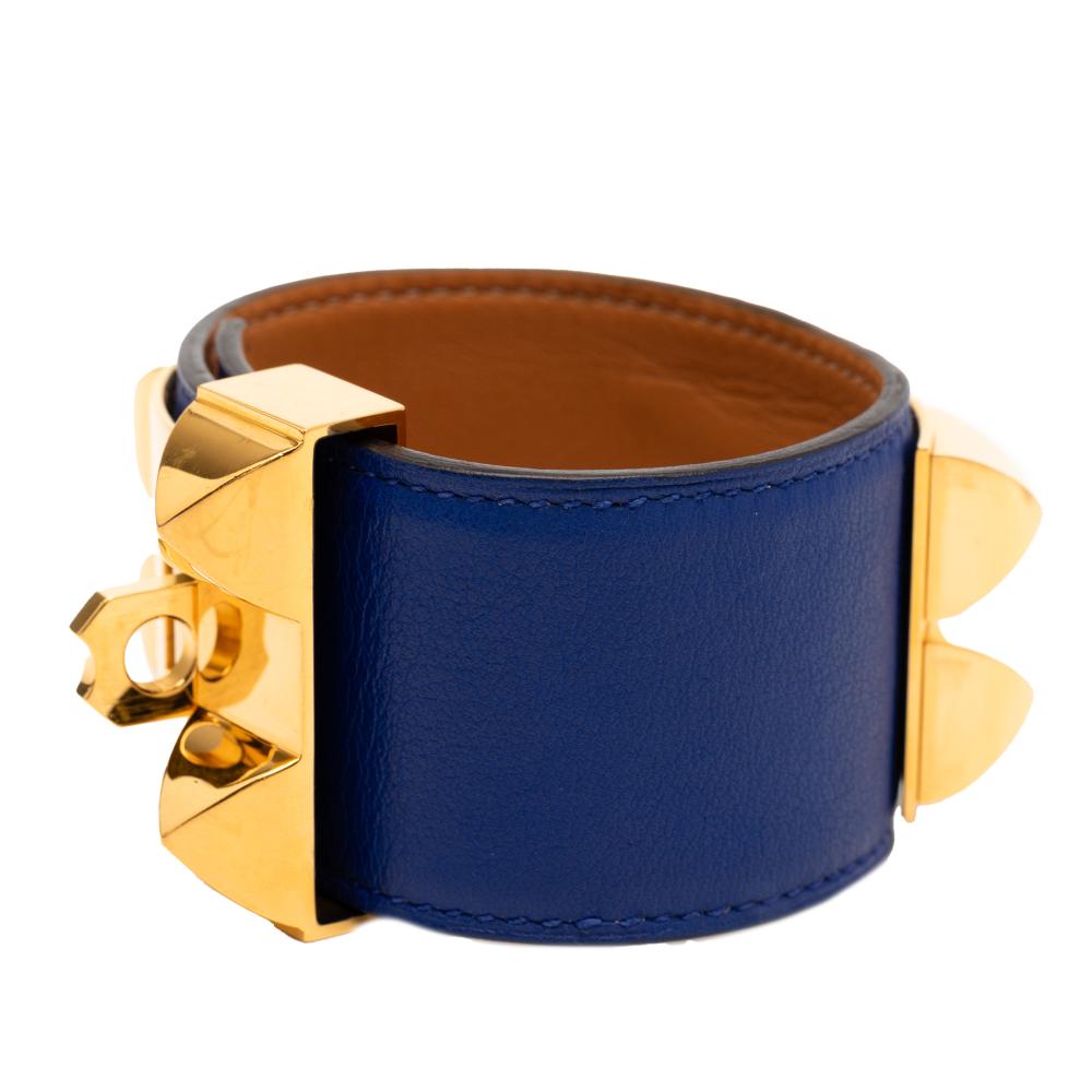 Hermès B Hermès Blue with Gold Calf Leather Swift and Gold Plated Collier de Chien Bracelet France