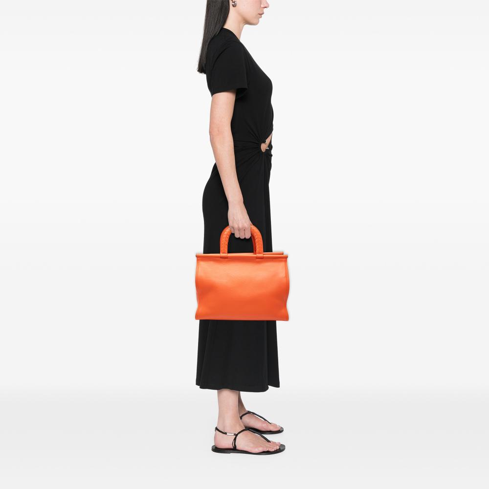 Bottega Veneta B Bottega Veneta Orange Calf Leather Intrecciato Frame Top Handle Bag Italy