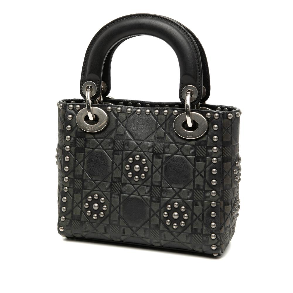 Christian Dior B Dior Black Calf Leather Mini skin Cannage Studded Flower Lady Dior Italy