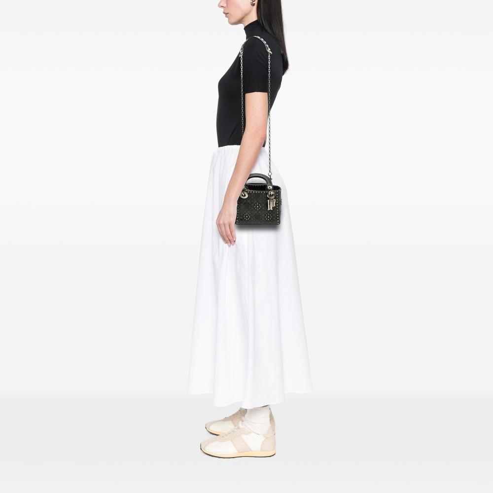 Christian Dior B Dior Black Calf Leather Mini skin Cannage Studded Flower Lady Dior Italy