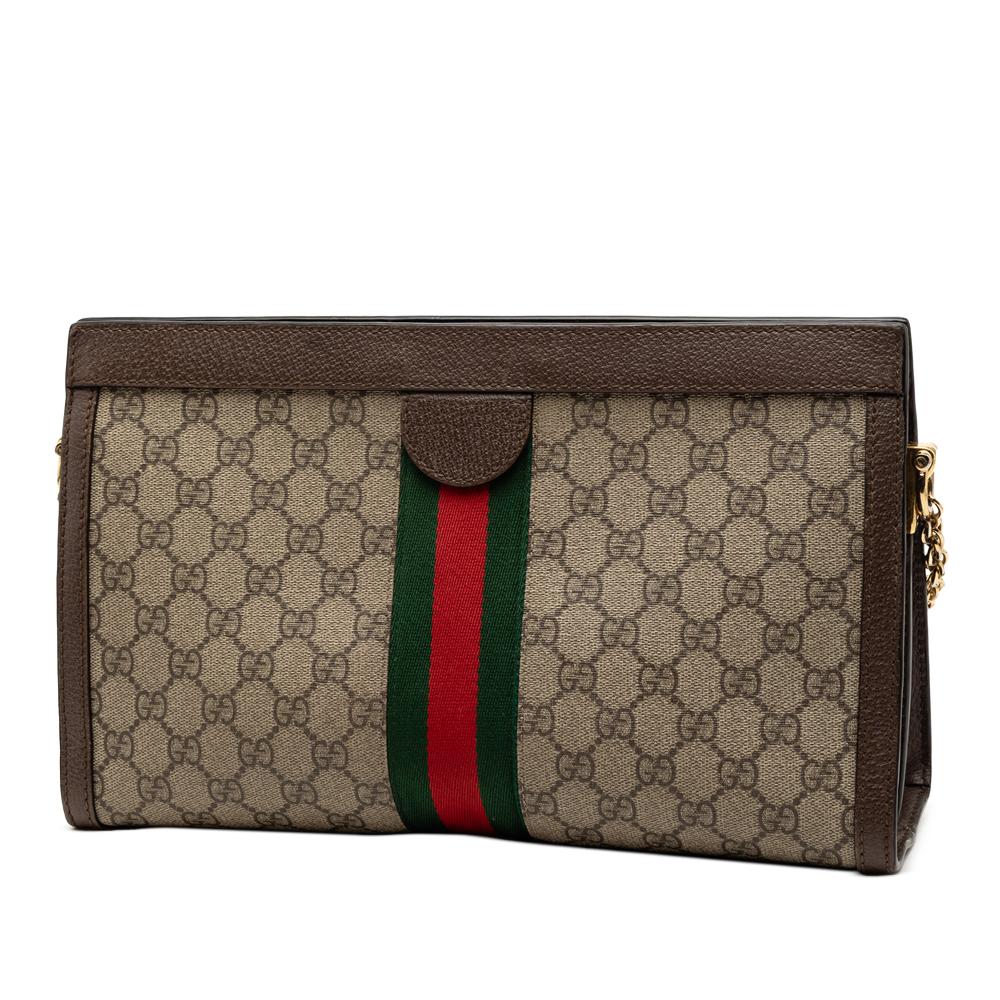 Gucci B Gucci Brown Beige Coated Canvas Fabric Medium GG Supreme Web Ophidia Chain Shoulder Bag Italy