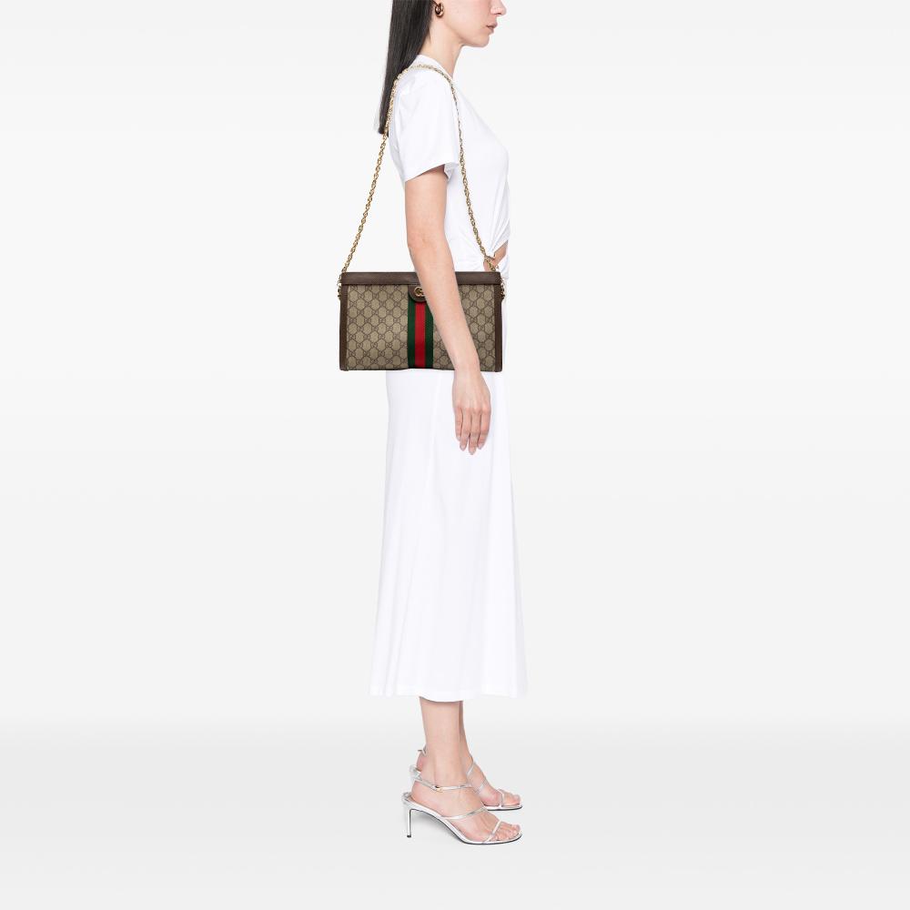 Gucci B Gucci Brown Beige Coated Canvas Fabric Medium GG Supreme Web Ophidia Chain Shoulder Bag Italy