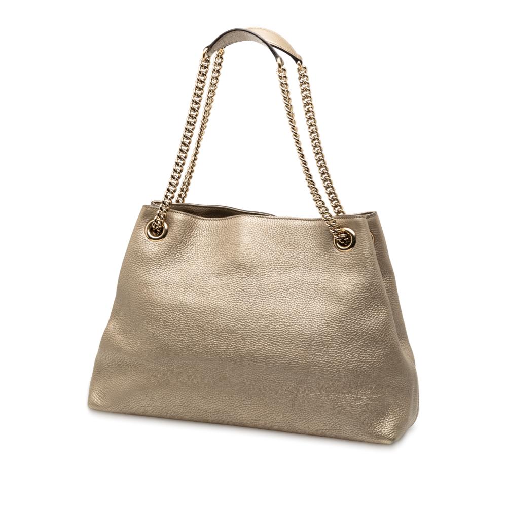 Gucci B Gucci Gold Light Gold Calf Leather Medium Metallic Soho Chain Tote Italy