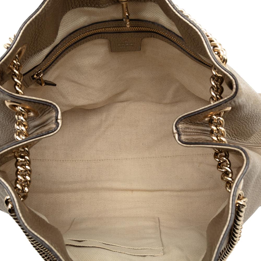 Gucci B Gucci Gold Light Gold Calf Leather Medium Metallic Soho Chain Tote Italy