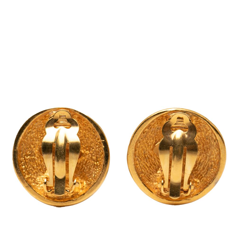 Chanel B Chanel Gold Gold Plated Metal CC Quilted Round Clip on Earrings France