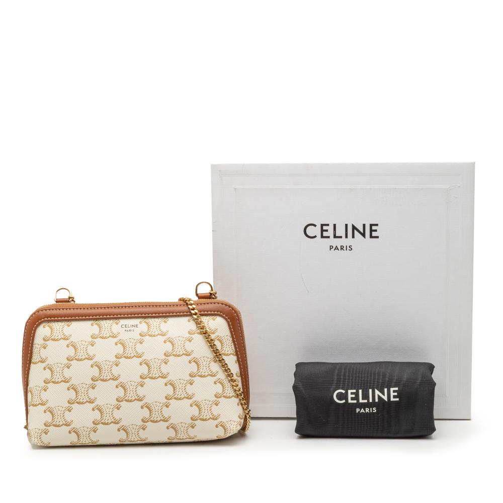 Celine AB Celine White Coated Canvas Fabric Triomphe Clutch On Chain Italy