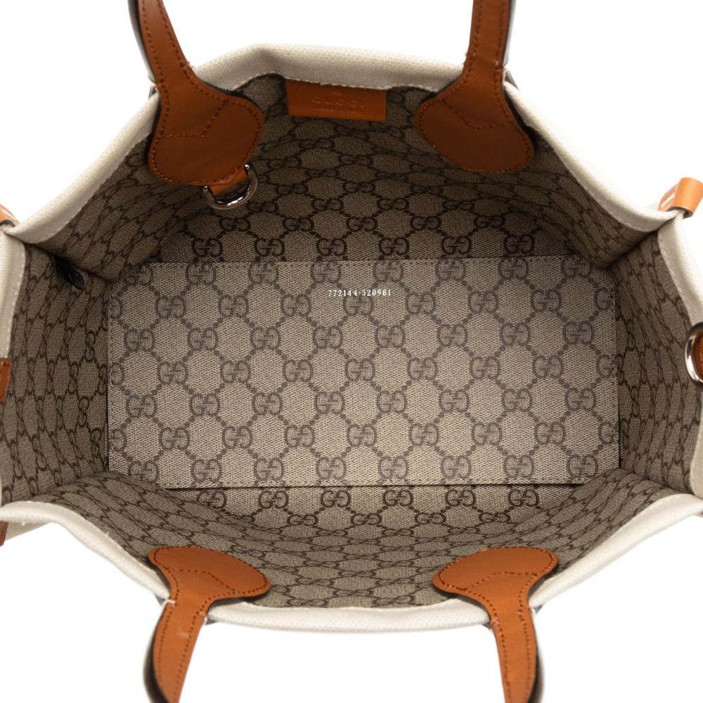 Gucci AB Gucci Brown Beige Canvas Fabric Medium Logo Tote Italy