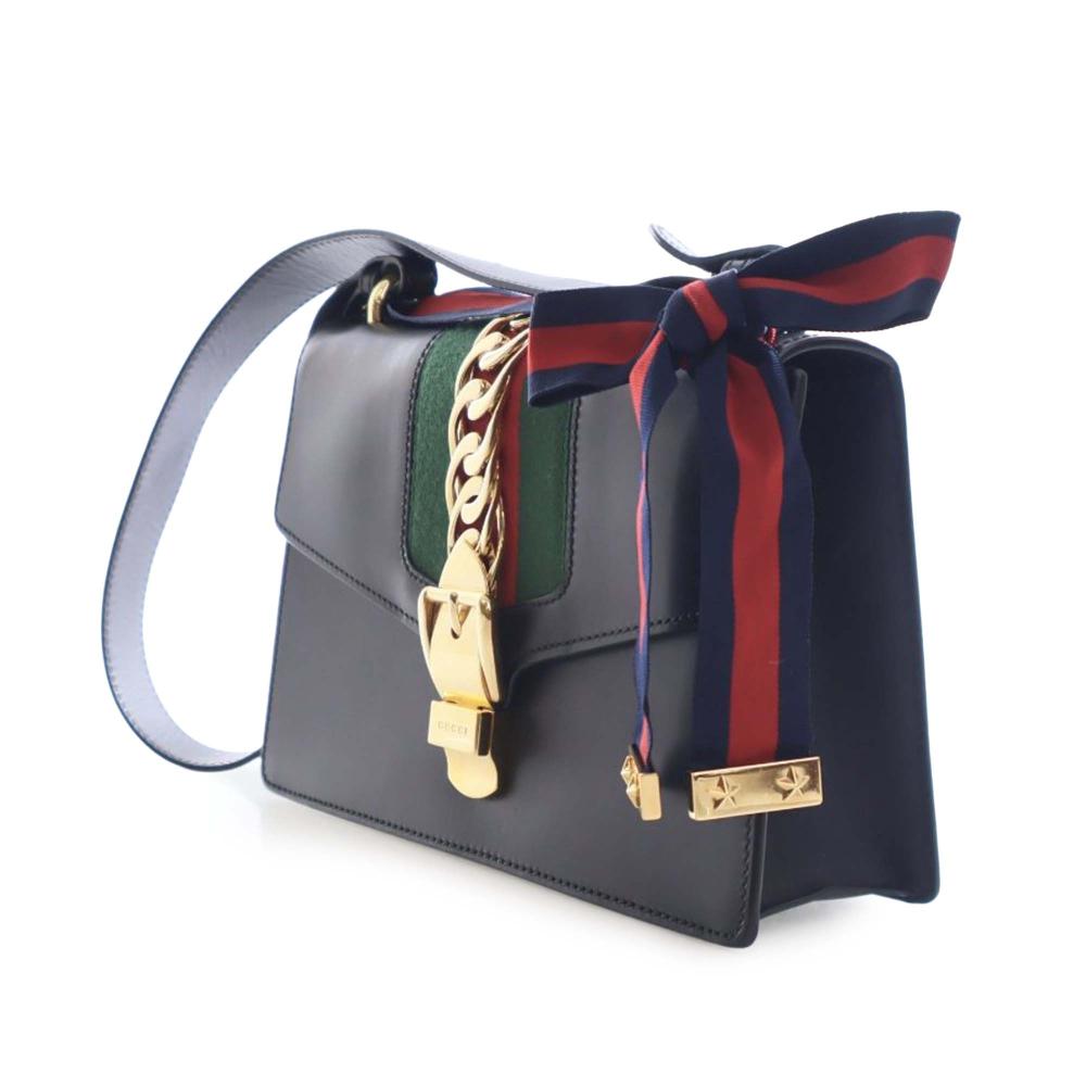 Gucci AB Gucci Black Calf Leather Small Sylvie Web Satchel Italy