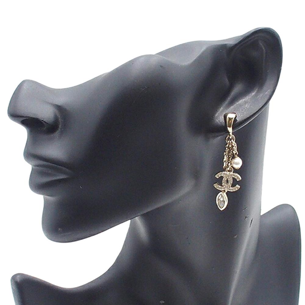 Chanel AB Chanel Gold Light Gold Gold Plated Metal Faux Pearl and Rhinestone CC Drop Earrings Italy