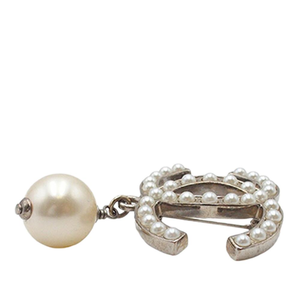 Chanel B Chanel Gold with White Pearl Gold Plated Metal CC Faux Pearl Brooch France