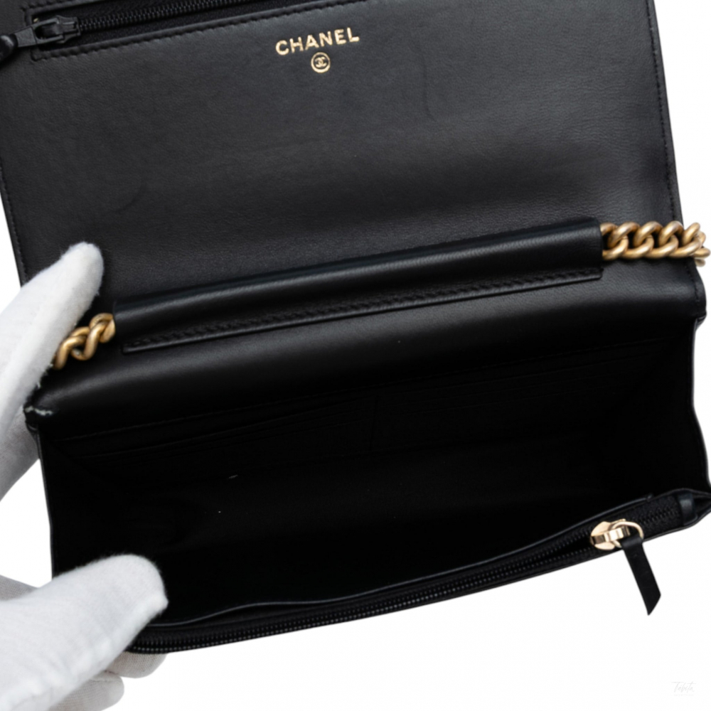 Chanel Boy Lambskin Leather Chevron Wallet on Chain Crossbody Black