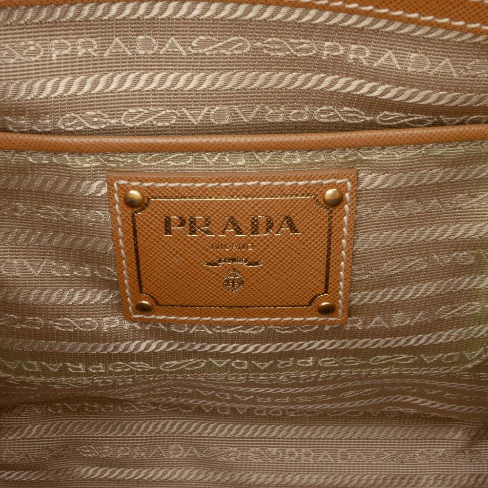 Prada B Prada Brown Beige Canvas Fabric Saffiano Trimmed Canapa Satchel Italy