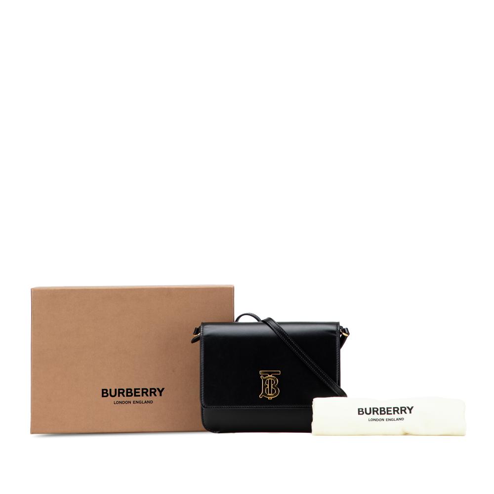 Burberry B Burberry Black Calf Leather Mini TB Monogram Flat Crossbody Italy