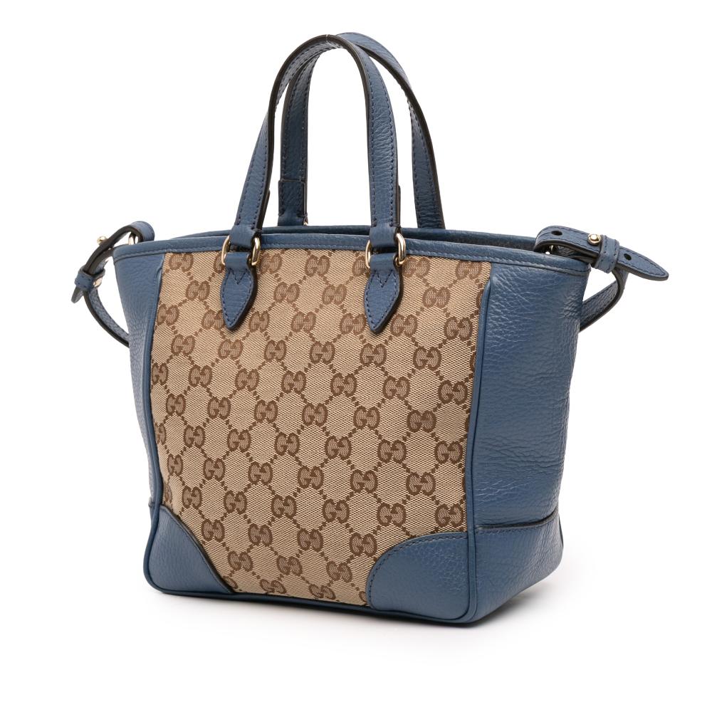 Gucci B Gucci Brown Beige with Blue Canvas Fabric Small GG Bree Satchel Italy