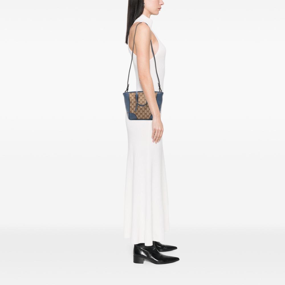 Gucci B Gucci Brown Beige with Blue Canvas Fabric Small GG Bree Satchel Italy