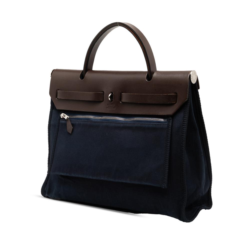Hermès B Hermès Blue Navy with Brown Dark Brown Canvas Fabric Toile and Vache Hunter Herbag Zip 31 France
