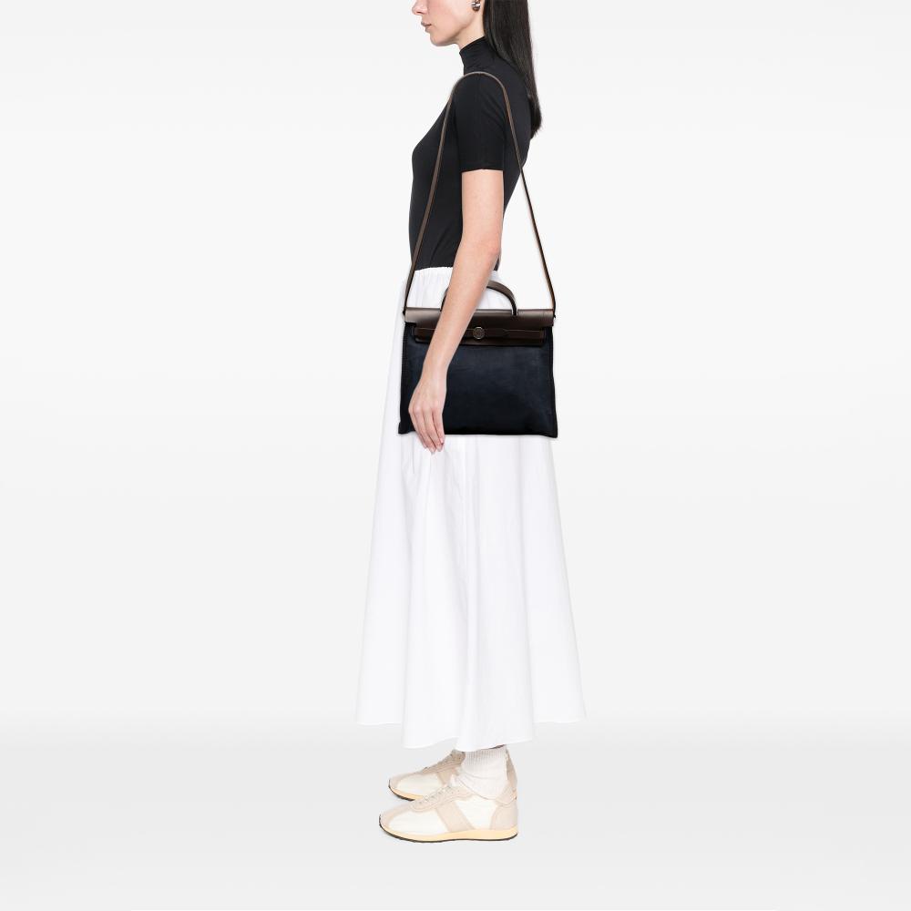 Hermès B Hermès Blue Navy with Brown Dark Brown Canvas Fabric Toile and Vache Hunter Herbag Zip 31 France