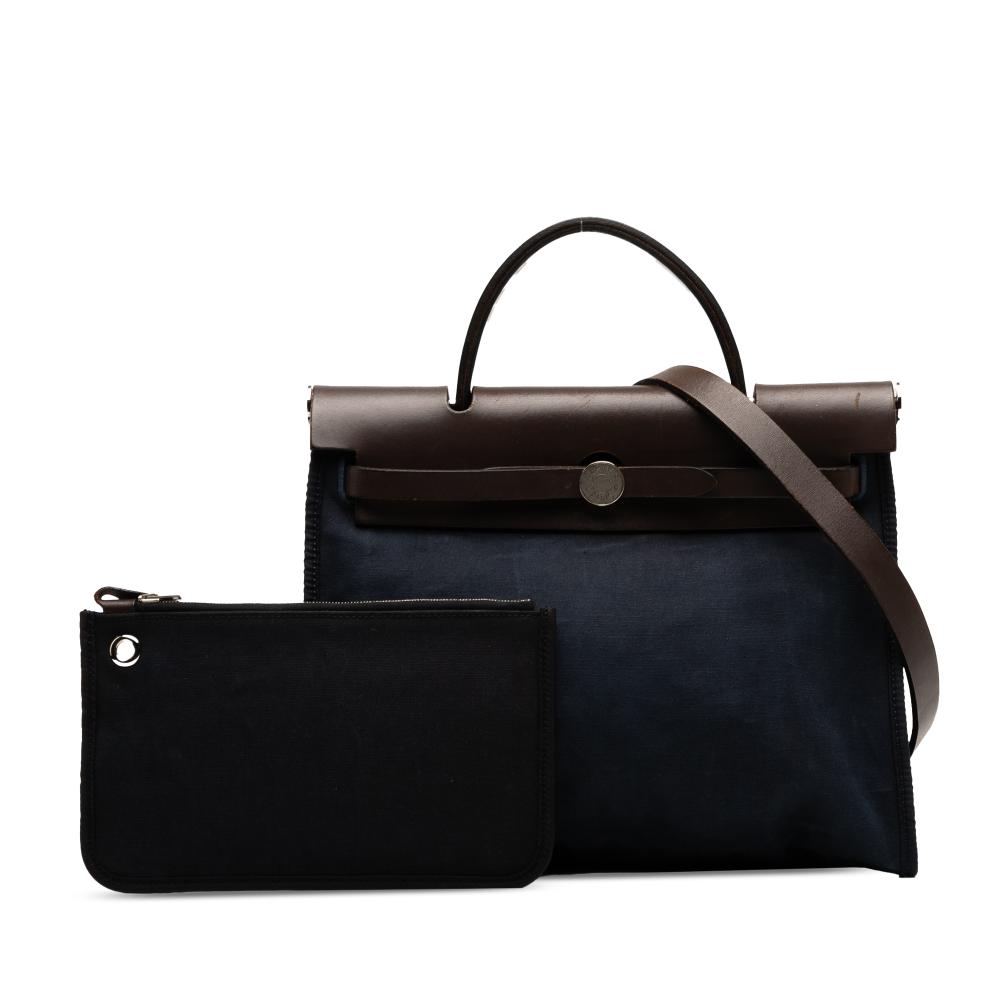Hermès B Hermès Blue Navy with Brown Dark Brown Canvas Fabric Toile and Vache Hunter Herbag Zip 31 France
