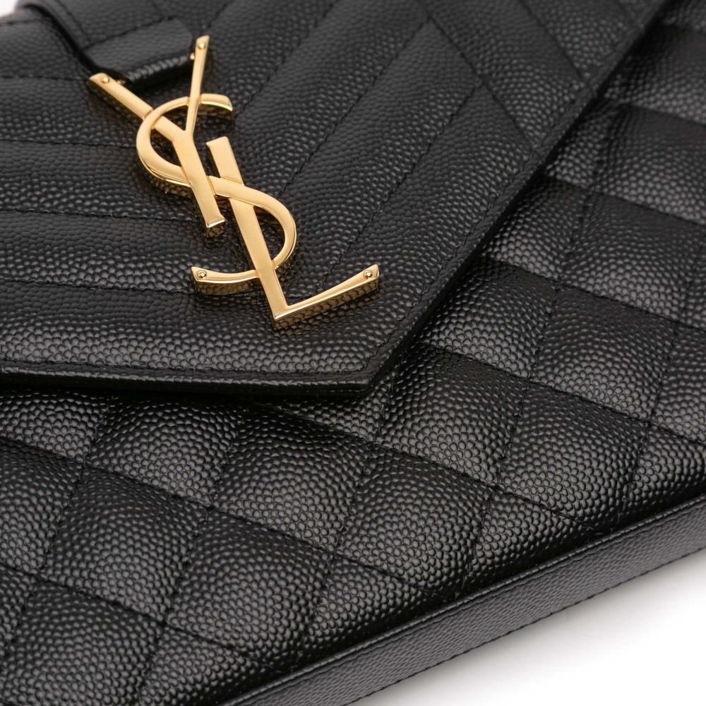 Saint Laurent A Saint Laurent Black Calf Leather Grain De Poudre Triquilt Monogram Envelope Wallet on Chain Italy