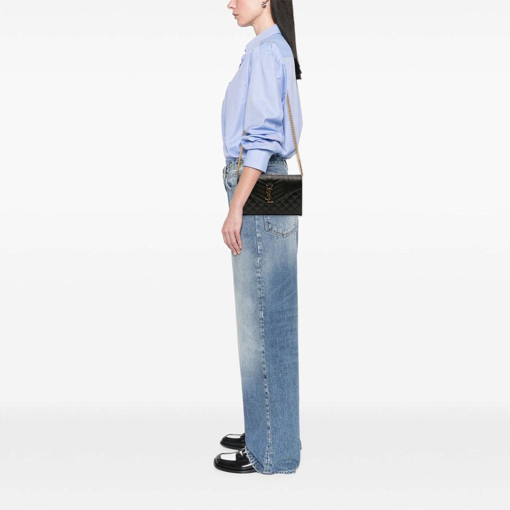 Saint Laurent A Saint Laurent Black Calf Leather Grain De Poudre Triquilt Monogram Envelope Wallet on Chain Italy