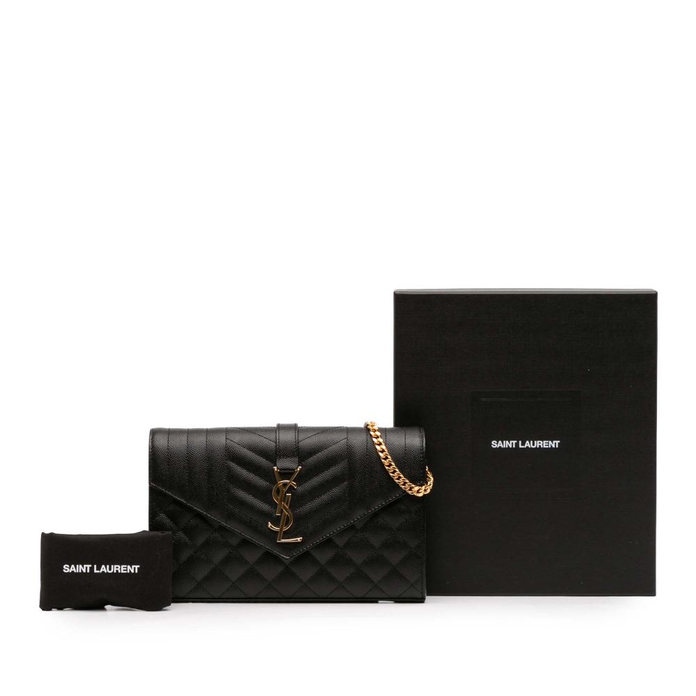 Saint Laurent A Saint Laurent Black Calf Leather Grain De Poudre Triquilt Monogram Envelope Wallet on Chain Italy