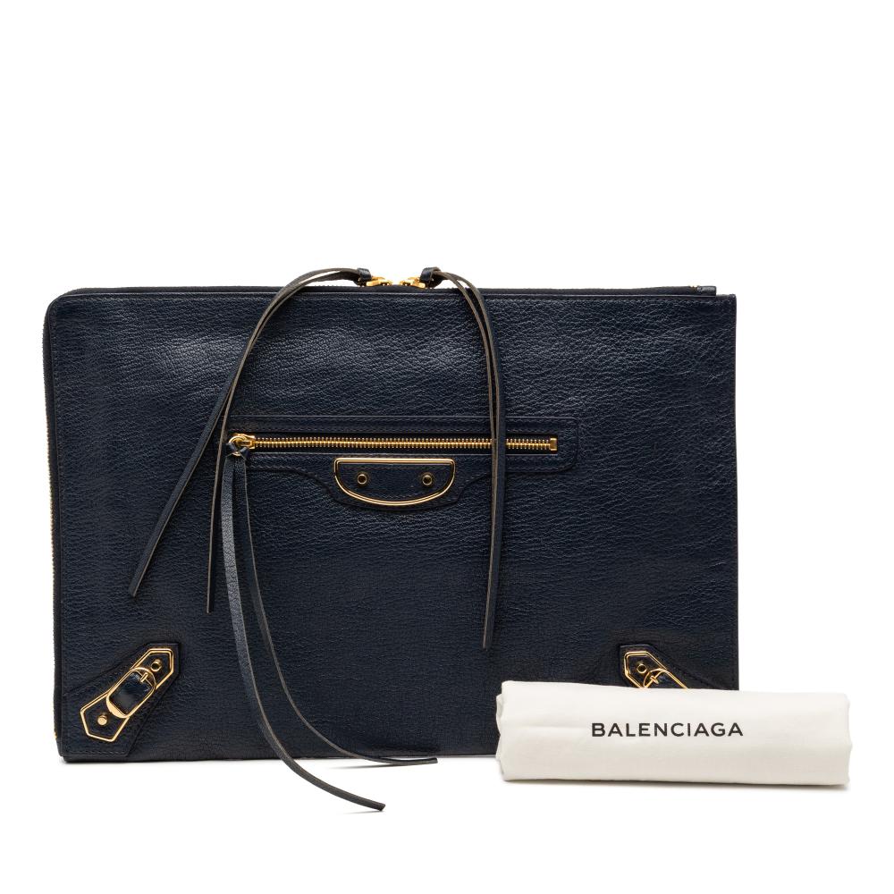 Balenciaga B Balenciaga Blue Navy Goatskin Leather Chevre Motocross Classic Metallic Edge Clutch Italy