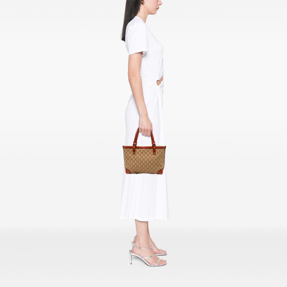 Gucci B Gucci Brown Beige Canvas Fabric GG Craft Tote Italy