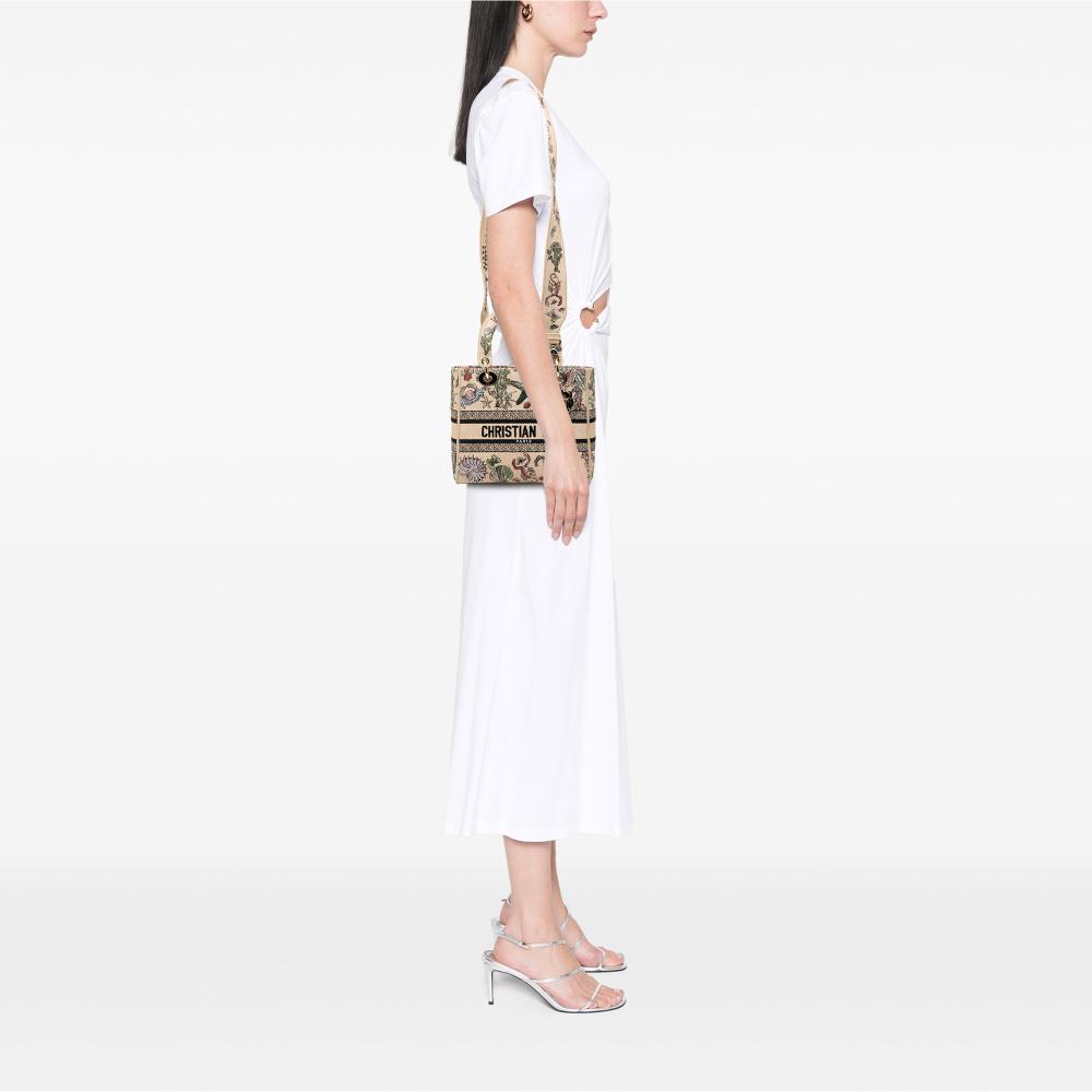 Christian Dior B Dior Brown Beige Canvas Fabric Medium Embroidered Lady D Lite Italy