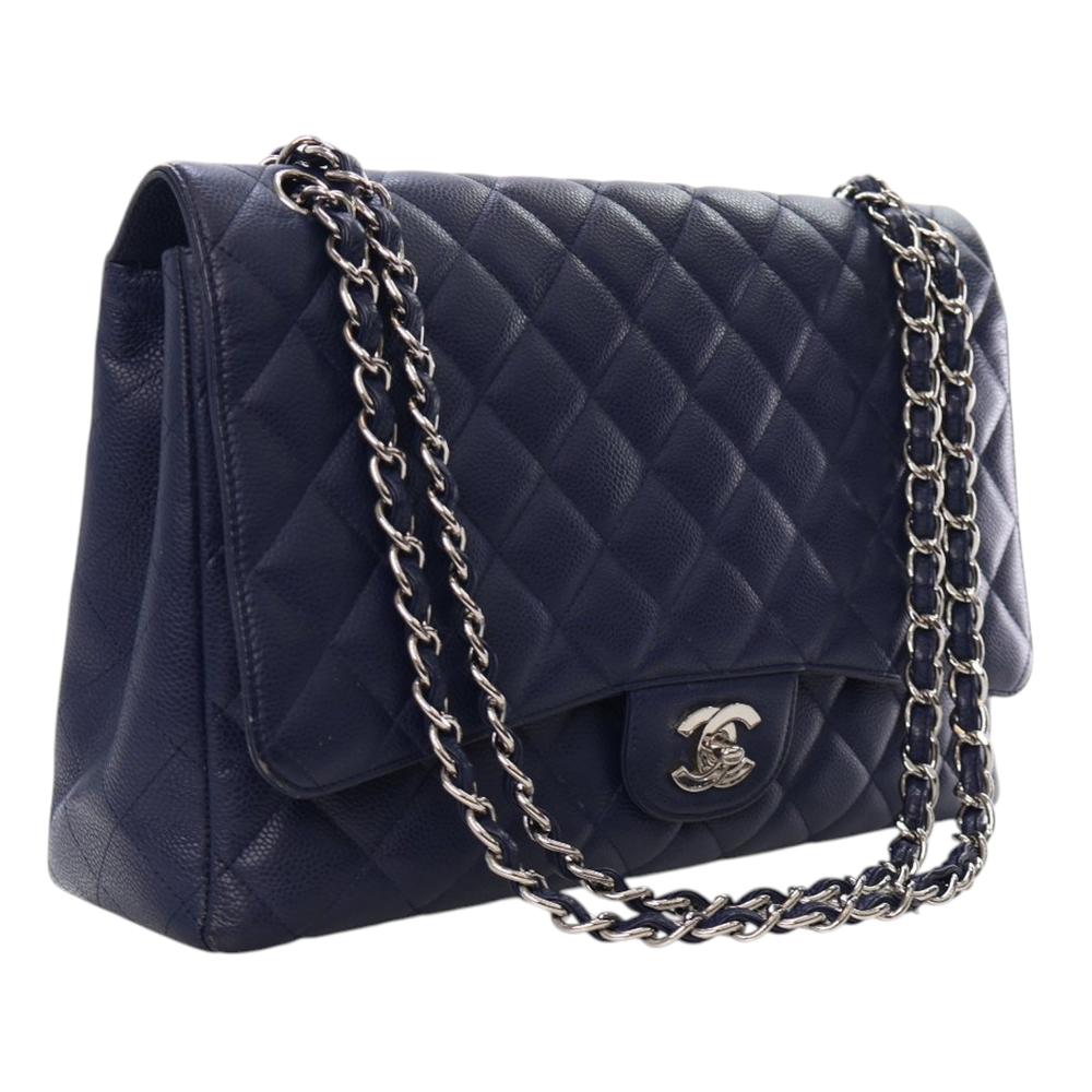 Chanel AB Chanel Blue Dark Blue Caviar Leather Leather Maxi Classic Caviar Single Flap Italy