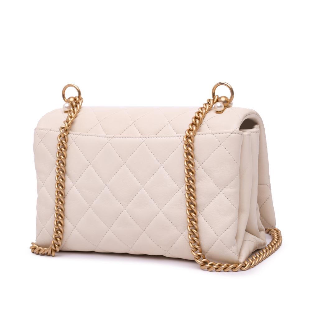 Chanel AB Chanel White Ivory Calf Leather Small Quilted skin Pearl CC Accordion Flap Italy