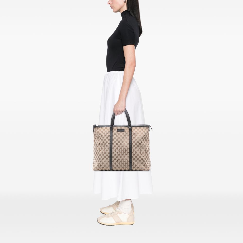 Gucci B Gucci Brown Beige Canvas Fabric GG Tote Italy