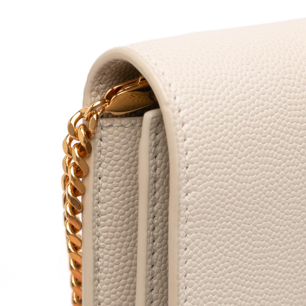 Saint Laurent AB Saint Laurent White Ivory Calf Leather Grain De Poudre Uptown Chain Wallet Italy