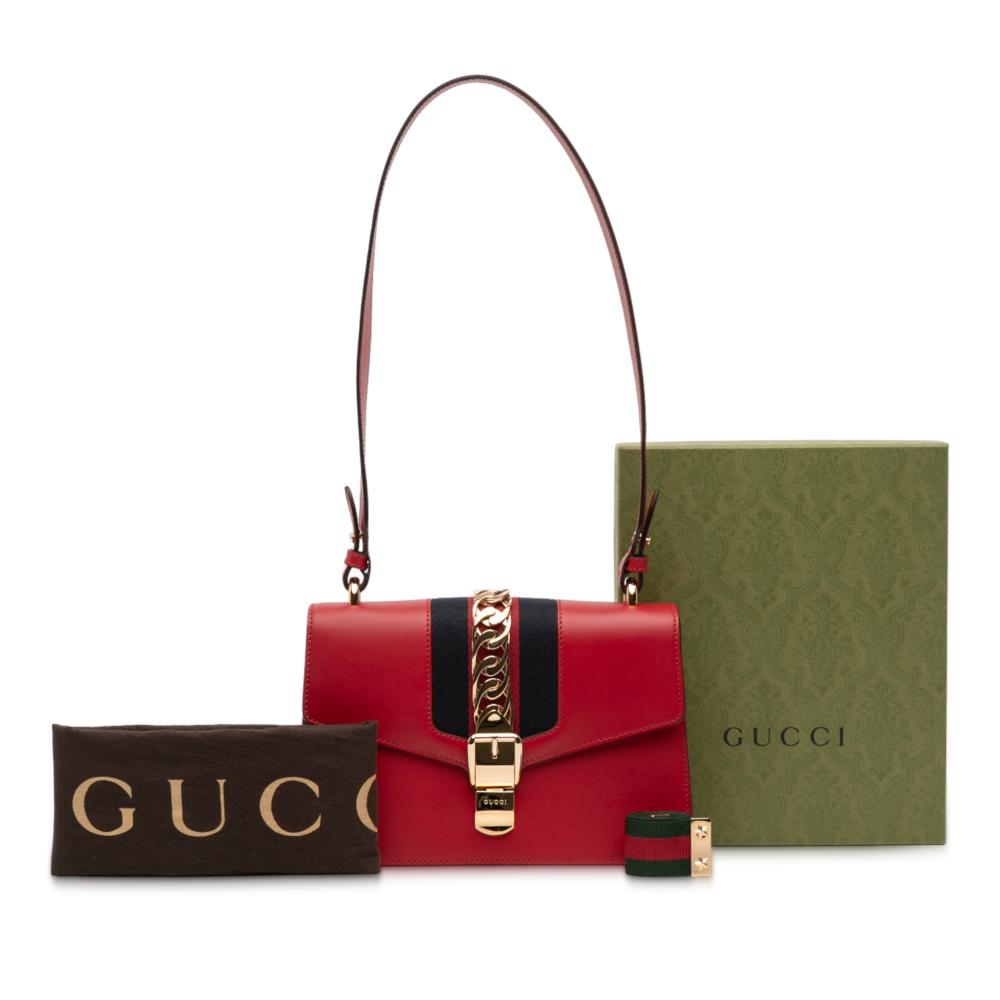 Gucci AB Gucci Red Calf Leather Small Sylvie Web Satchel Italy