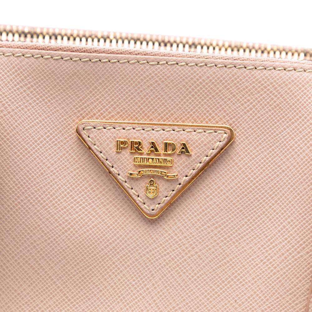 Prada B Prada Brown Beige Saffiano Leather Medium Lux Galleria Double Zip Satchel Italy