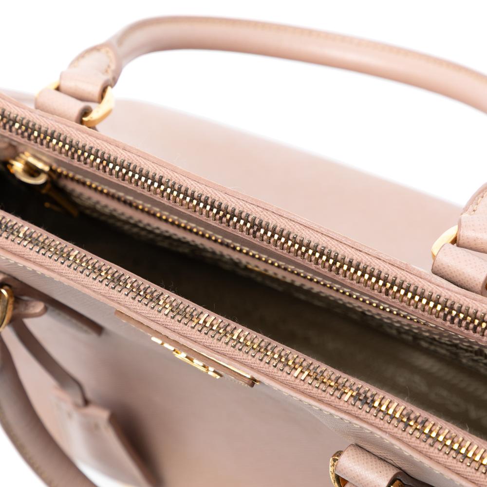 Prada B Prada Brown Beige Saffiano Leather Medium Lux Galleria Double Zip Satchel Italy
