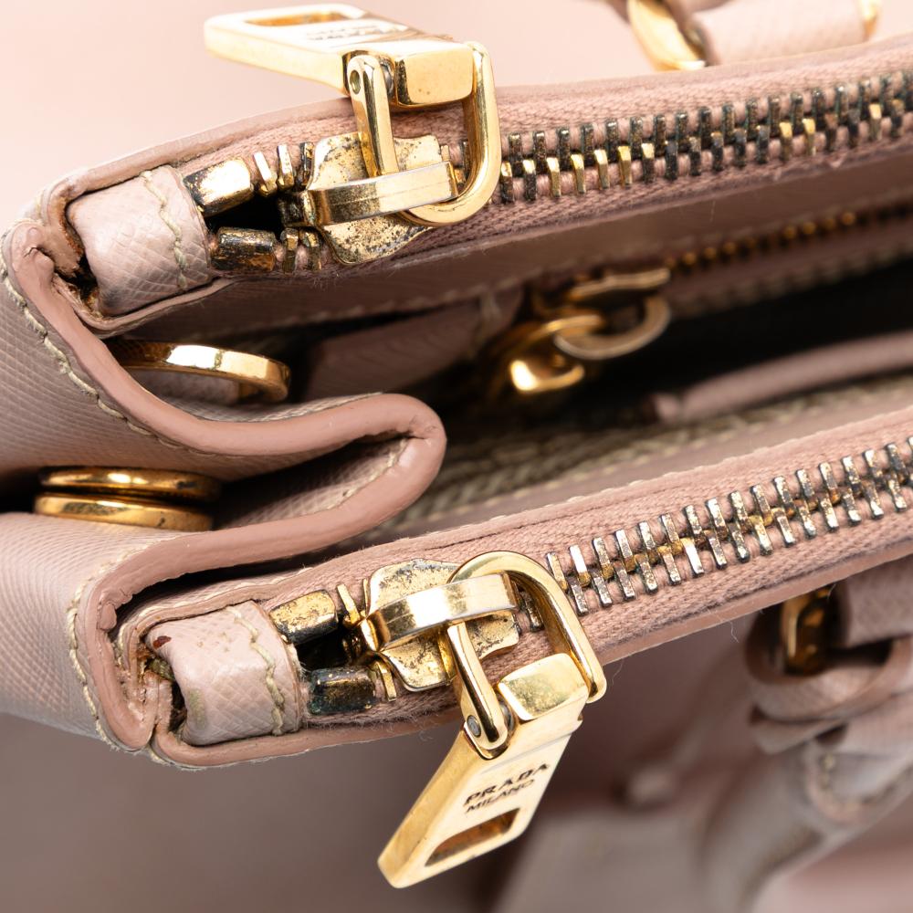 Prada B Prada Brown Beige Saffiano Leather Medium Lux Galleria Double Zip Satchel Italy