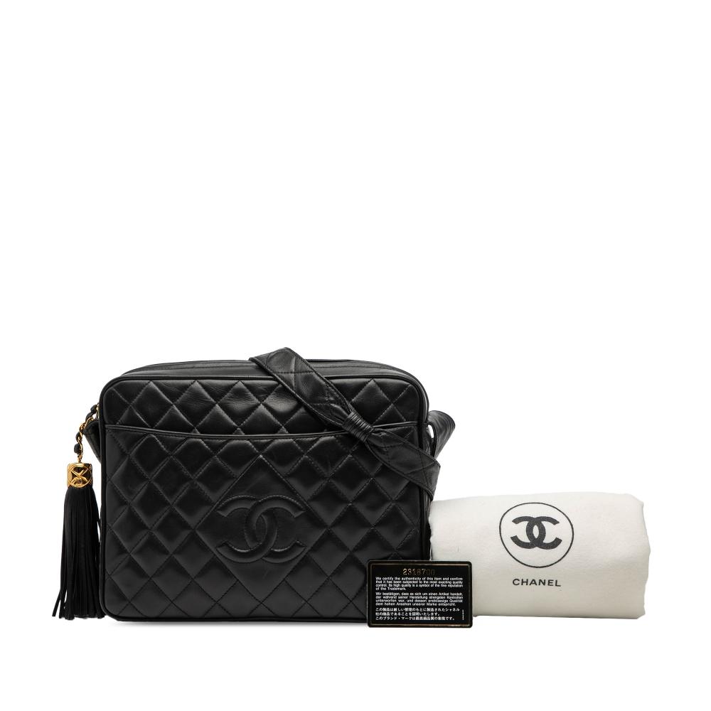 Chanel B Chanel Black Lambskin Leather Leather CC Quilted Lambskin Tassel Camera Bag France