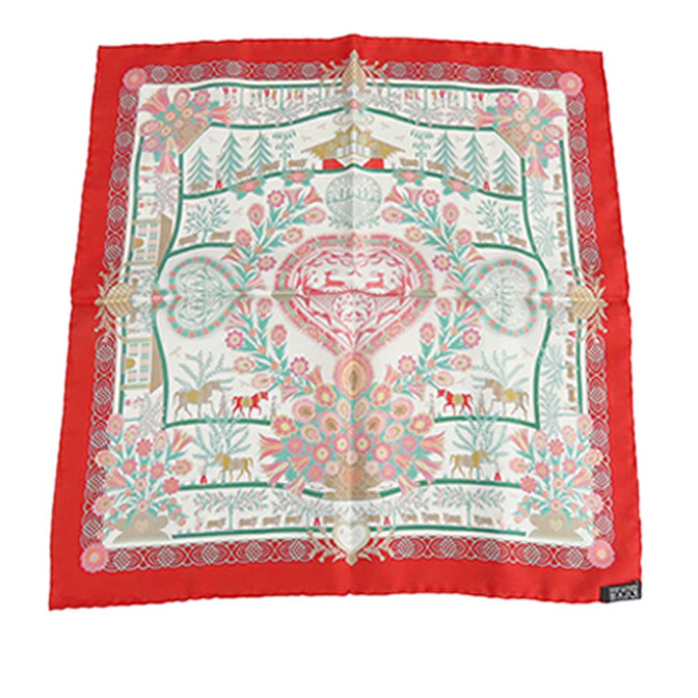 Hermès AB Hermès Red with White Silk Fabric Decoupages Scarf France