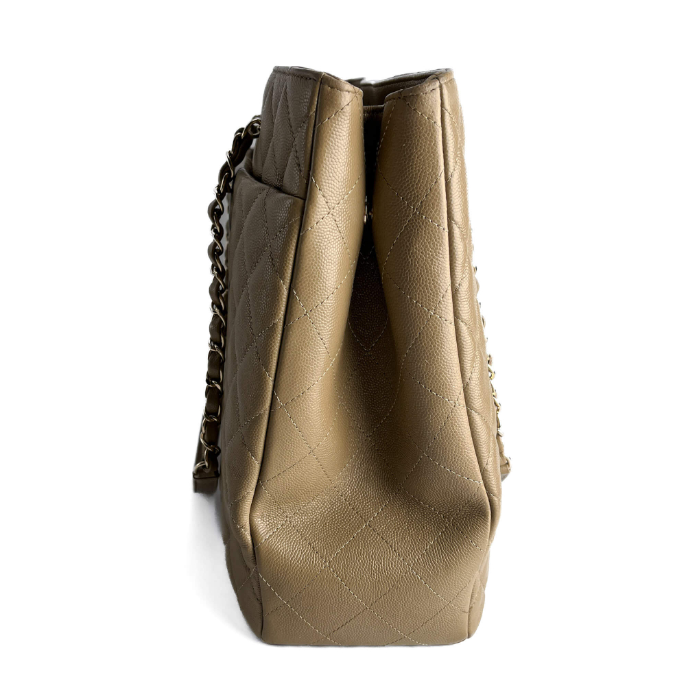 Chanel CC Caviar Leather Matelassè Tote Shoulder Bag Beige