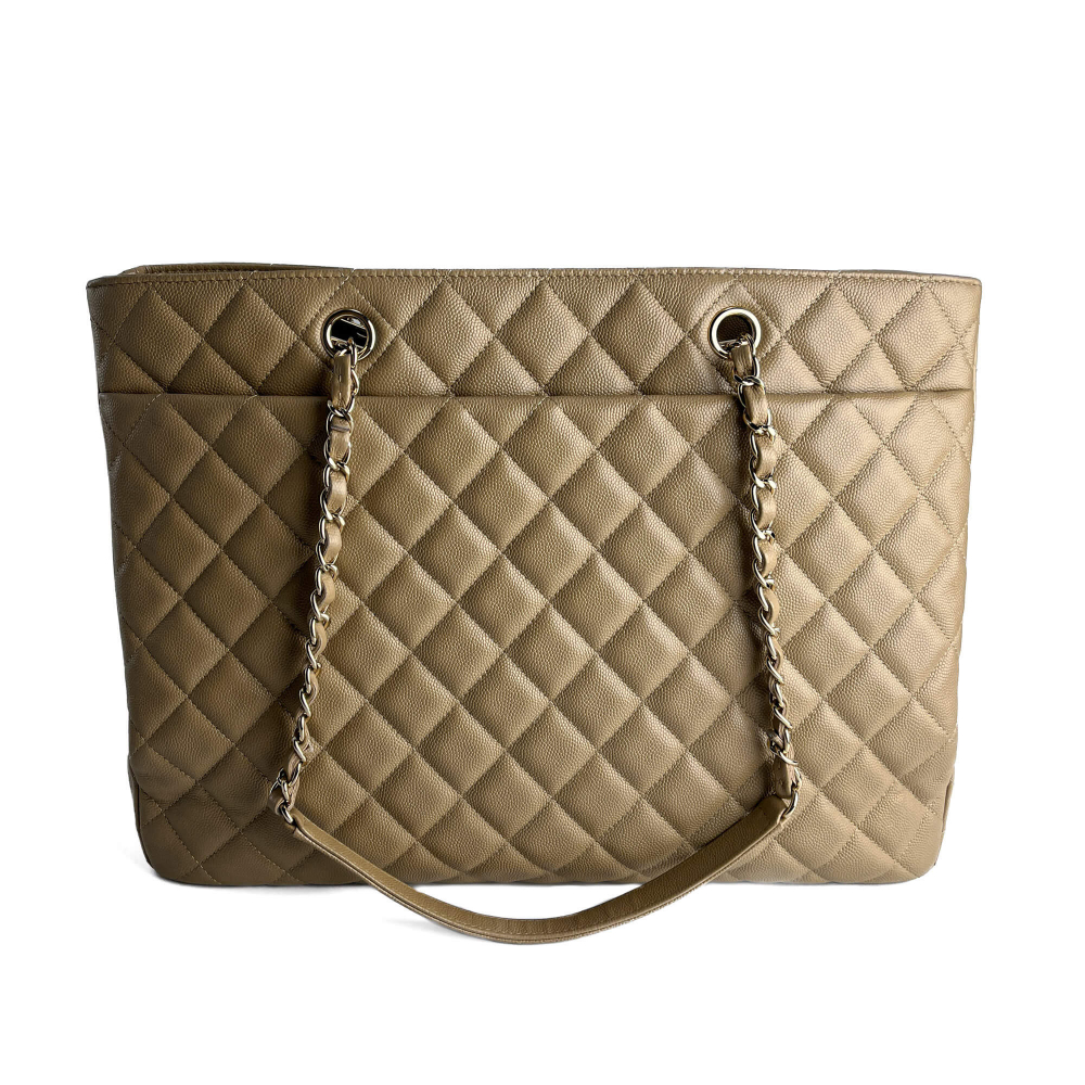 Chanel CC Caviar Leather Matelassè Tote Shoulder Bag Beige