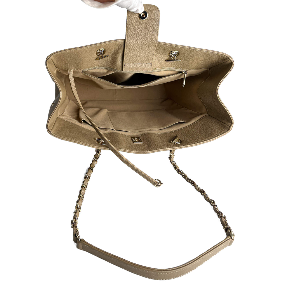 Chanel CC Caviar Leather Matelassè Tote Shoulder Bag Beige