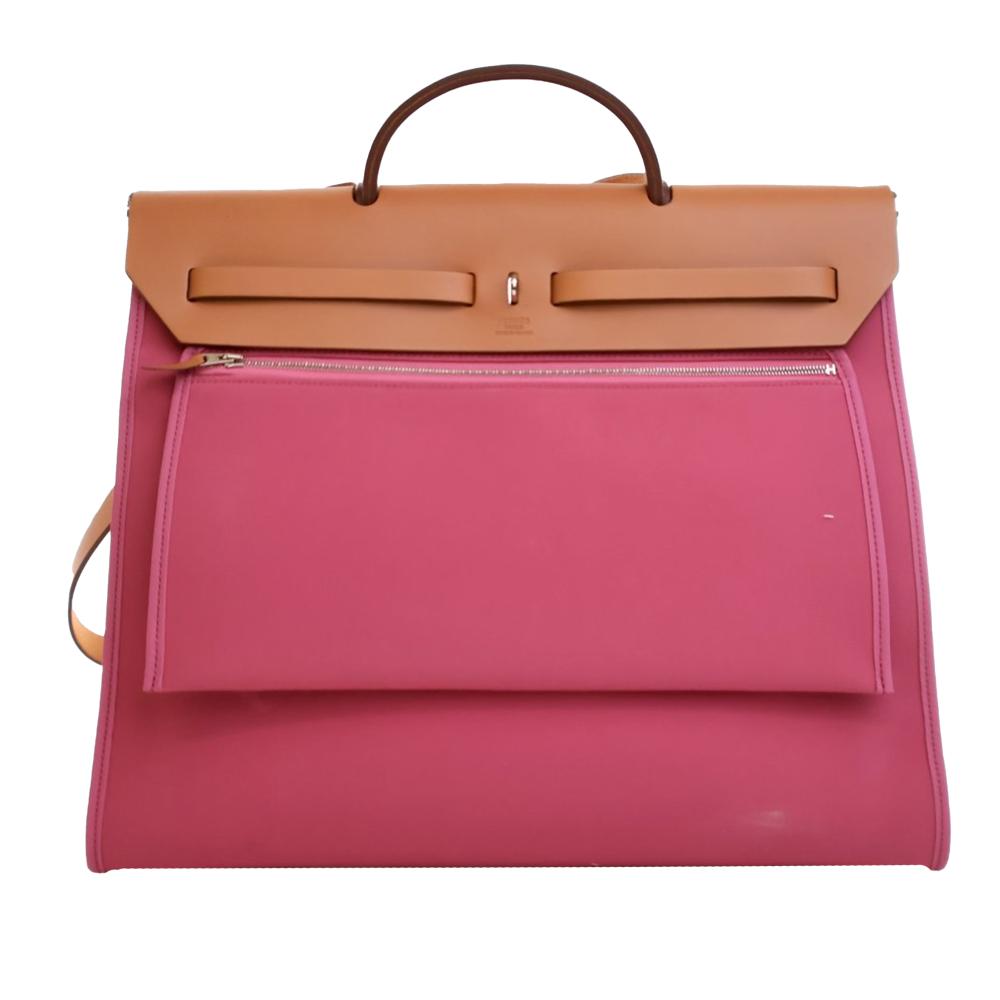Hermès AB Hermès Pink with Brown Canvas Fabric Toile Herbag Zip 39 France
