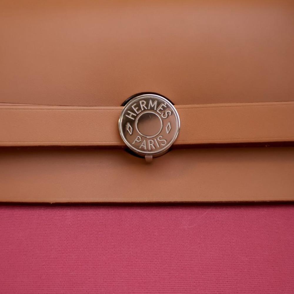Hermès AB Hermès Pink with Brown Canvas Fabric Toile Herbag Zip 39 France